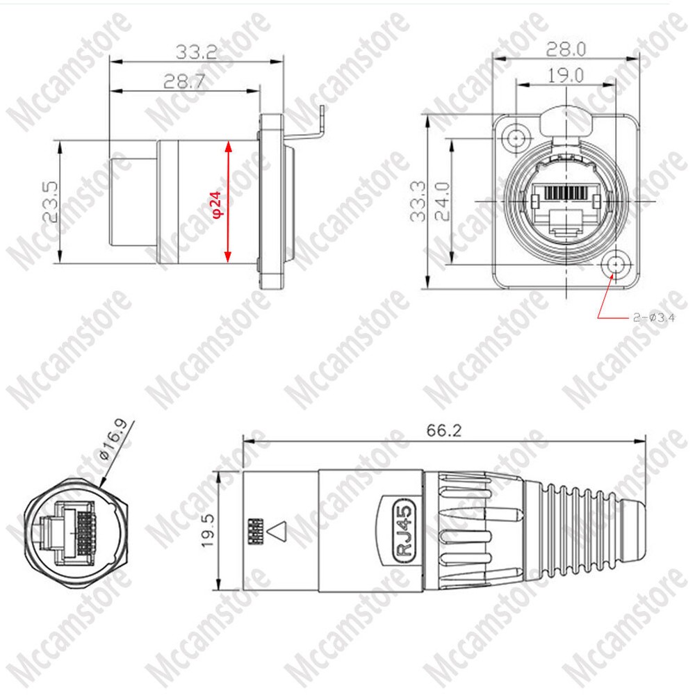 8p8c RJ45 net work waterproof connector,IP65 D Plug panel ethernet connector