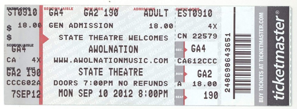 Awolnation 9/10/12 Portland ME State Theatre Concert Rare Ticket!
