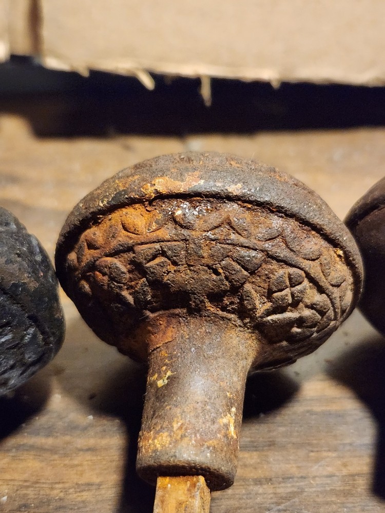 3 antique assorted metal door knobs .whimsical Victorian patterns + 2 knob escus