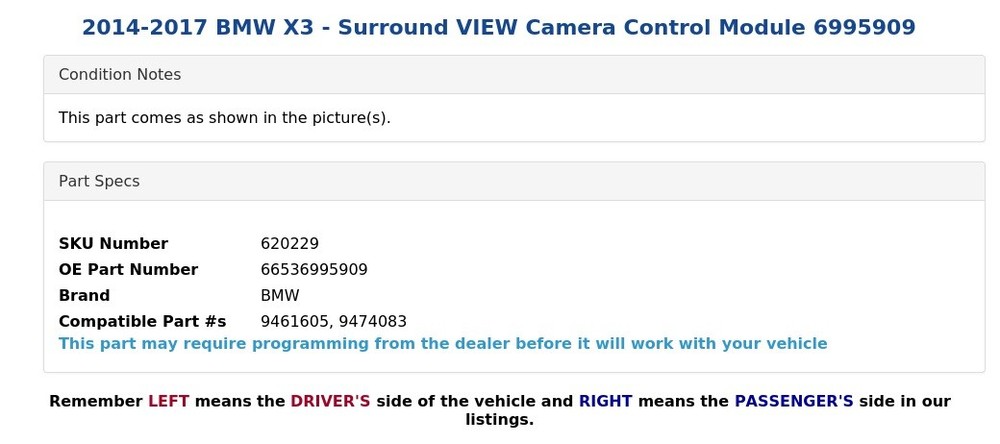 2014-2017 BMW X3 - Surround VIEW Camera Control Module 6995909