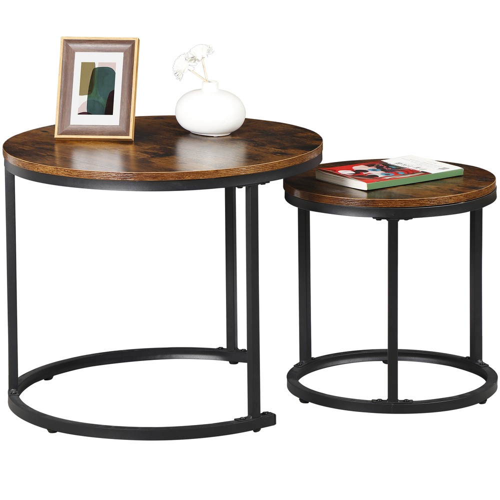 Set of 2 Nesting Coffee Table Round End Side Table for Small Spaces Rustic Brown
