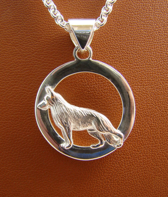 Small Sterling Silver German Shepherd Dog Standing Study On A Wide Circle Frame