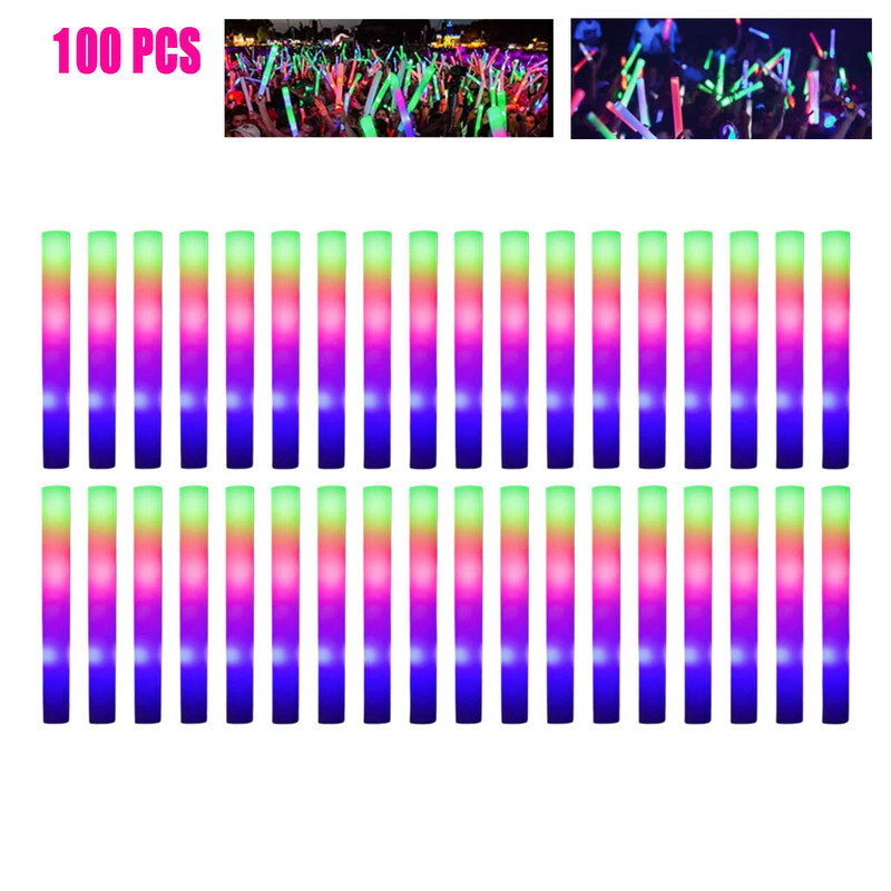 100PCS LED Light Up Foam Stick Multi Color Glow Stick Flashing For Party