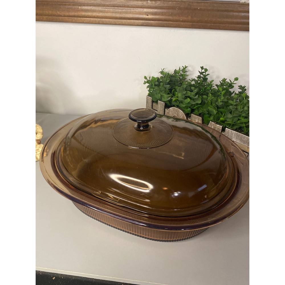 CorningWare Vision Amber Glass Oval Roasting Dish with Lid 3 Quart Oven Safe
