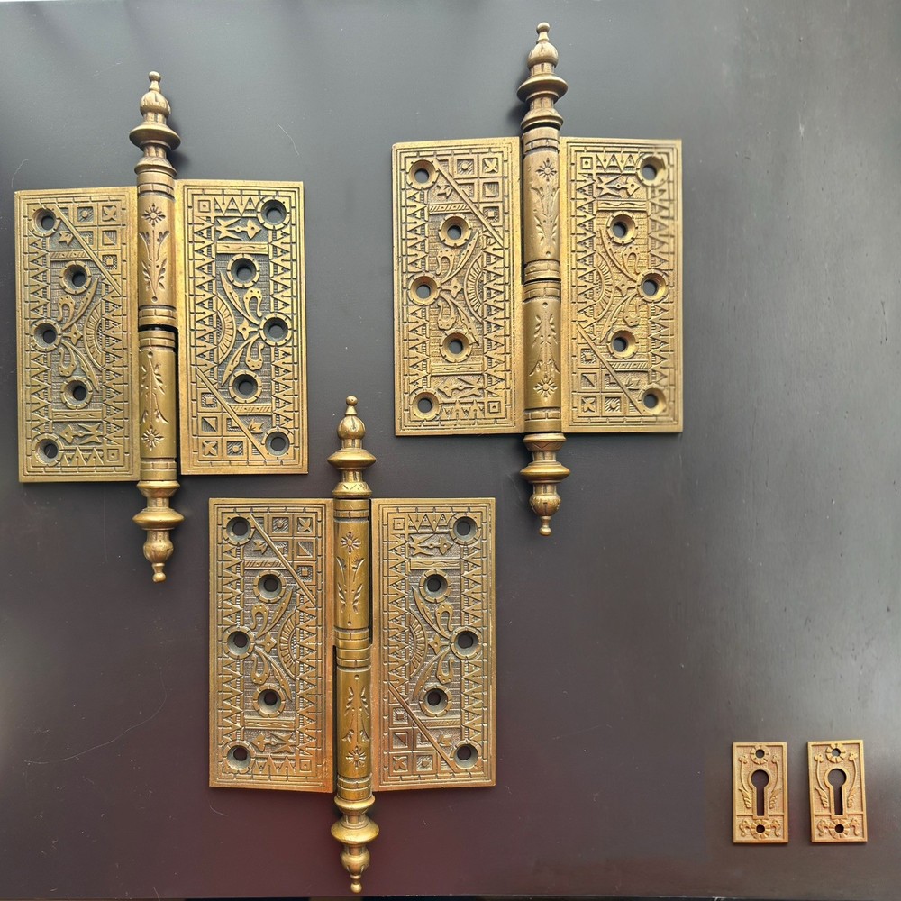 Antique 5" Solid Brass Steeple Tip Hinges (3) & Escutcheons (2) Reclaimed