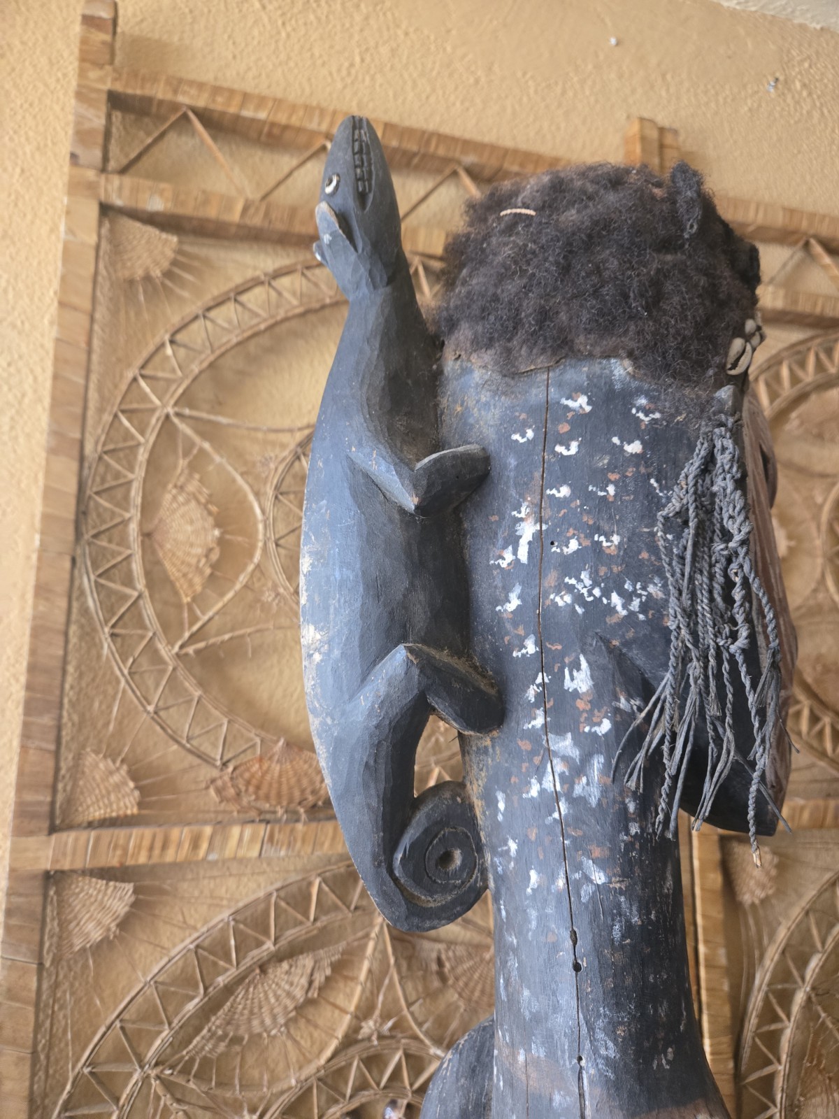 XL Papua New Guinea Ancestor Figure 46" Wood, Shell, Hair, Fiber, Animal Motifs