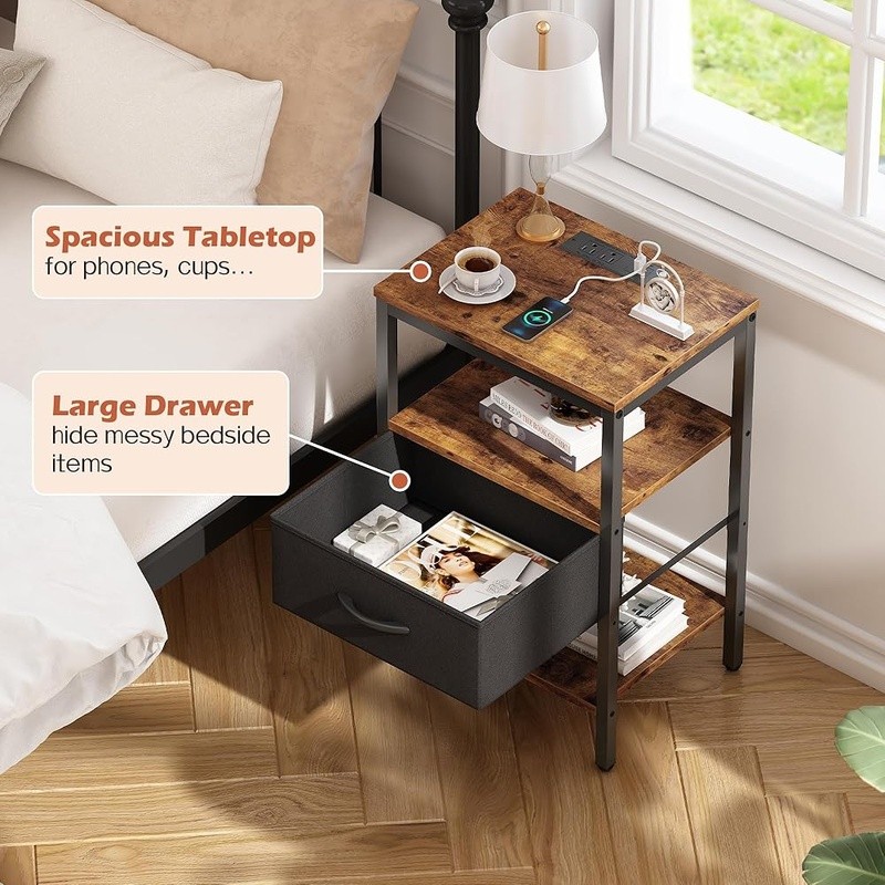 Nightstand W/ Charging Station USB Fabric Drawer Storage Shelf End Table