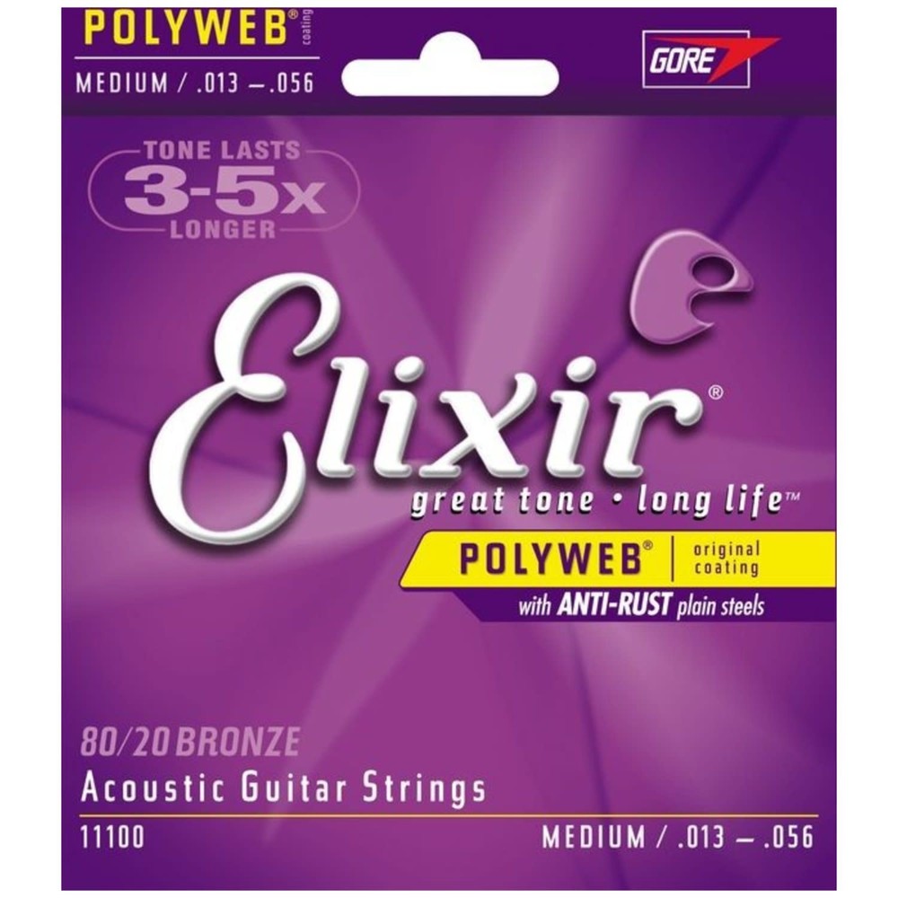 6 Sets of Elixir 11100 Medium Acoustic Strings (13-56) (Polyweb) w/ Free String