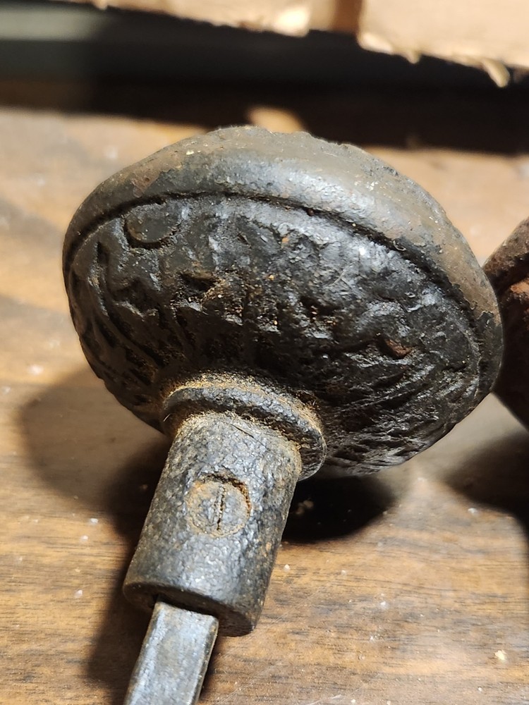 3 antique assorted metal door knobs .whimsical Victorian patterns + 2 knob escus