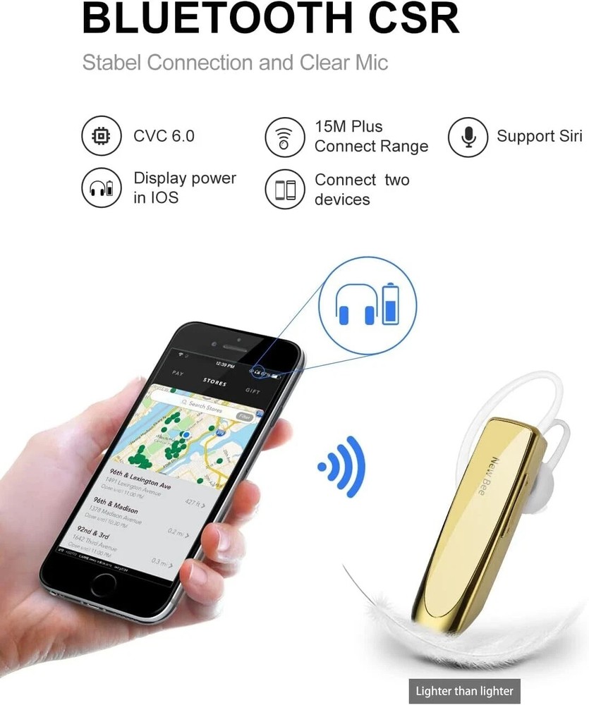 New Bee Bluetooth Headset Two Device Connection Handsfree driving Headset, Gold