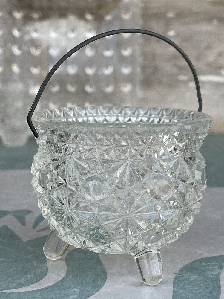 Wright/Smith Glass Daisy & Button Clear Square Plate Mini Pitcher 3 Toed Kettle