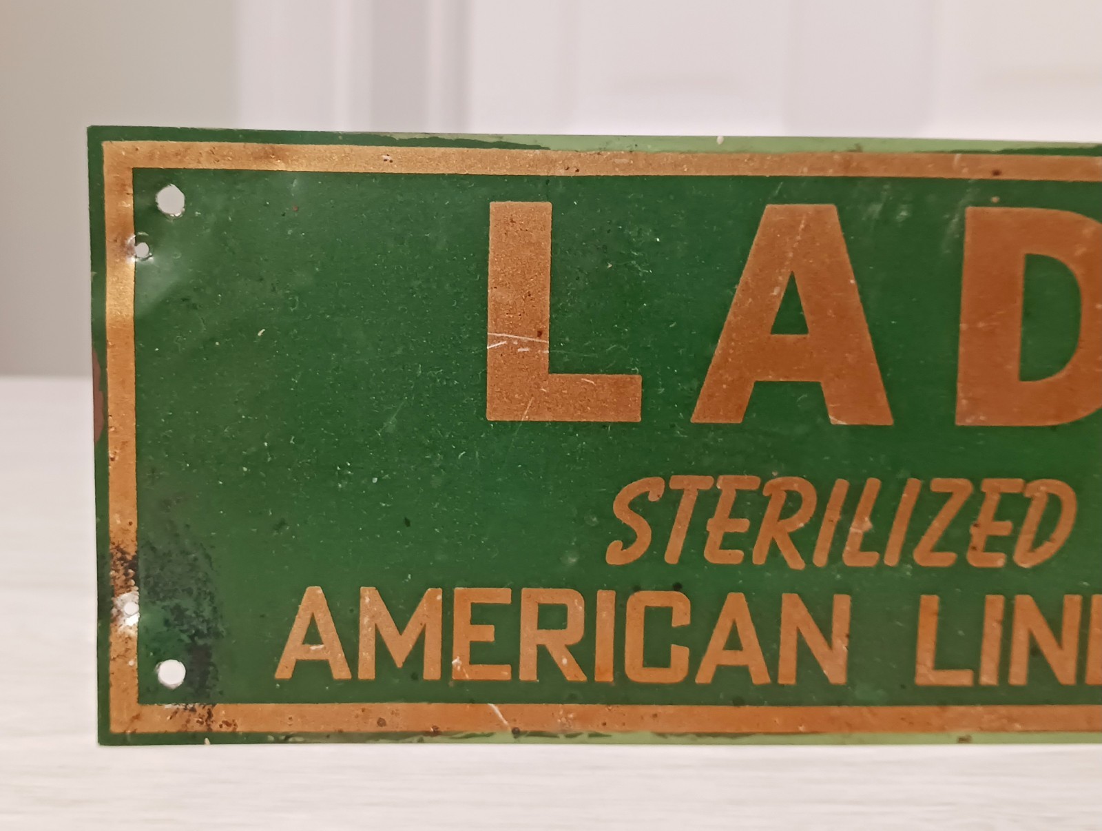 Vintage Ladies Room Sign Green Gold Sterilized Towels American Linen Supply Co.