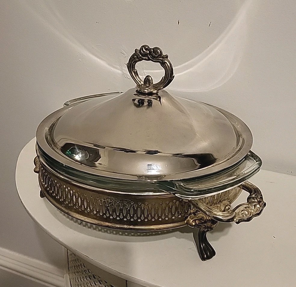 VTG Covered Casserole & Silver Plate 10" Glass Baking Dish Elegant Serving Set