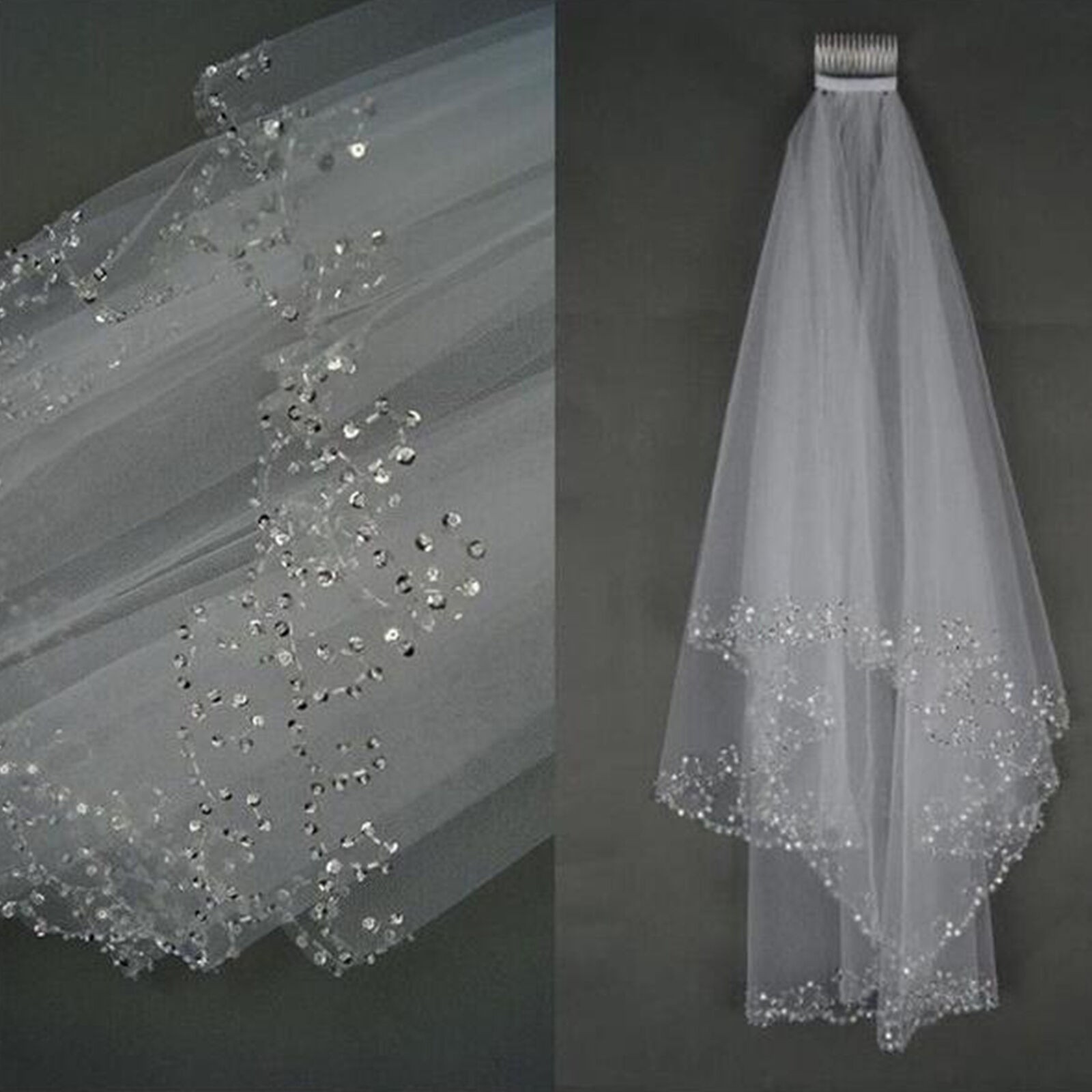 2 Layer White/Ivory Elbow Length Beads Edge Wedding Bridal Veil with Comb New