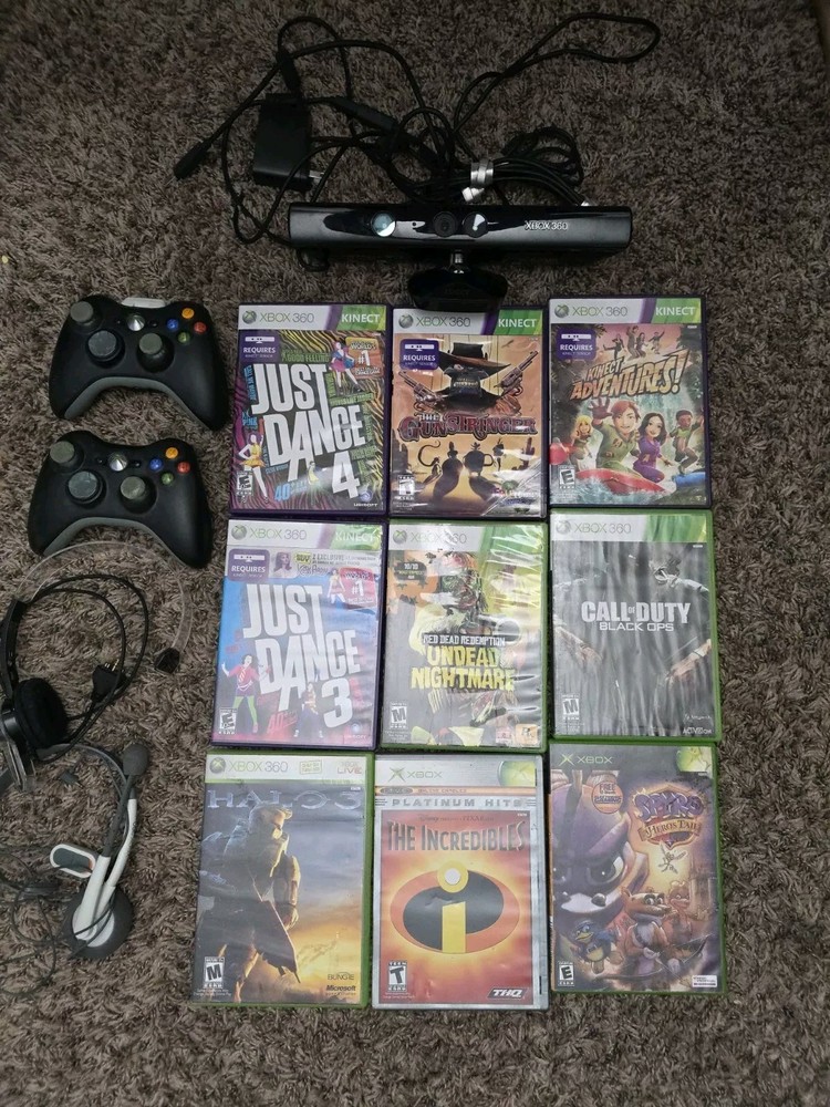 Xbox 360 Kinect Sensor Game Bundle with/ 9 Games And 2 Controllers