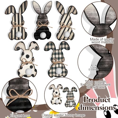 5 Pcs Easter Bunny Wooden Signs Buffalo Plaid Bunny Decor with Jute Rope