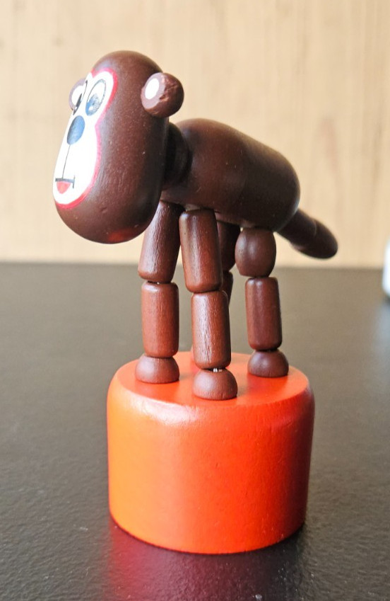 MONKEY WOOD PUSH UP PUPPET. PLAY OR DISPLAY. VIBRANT COLORS