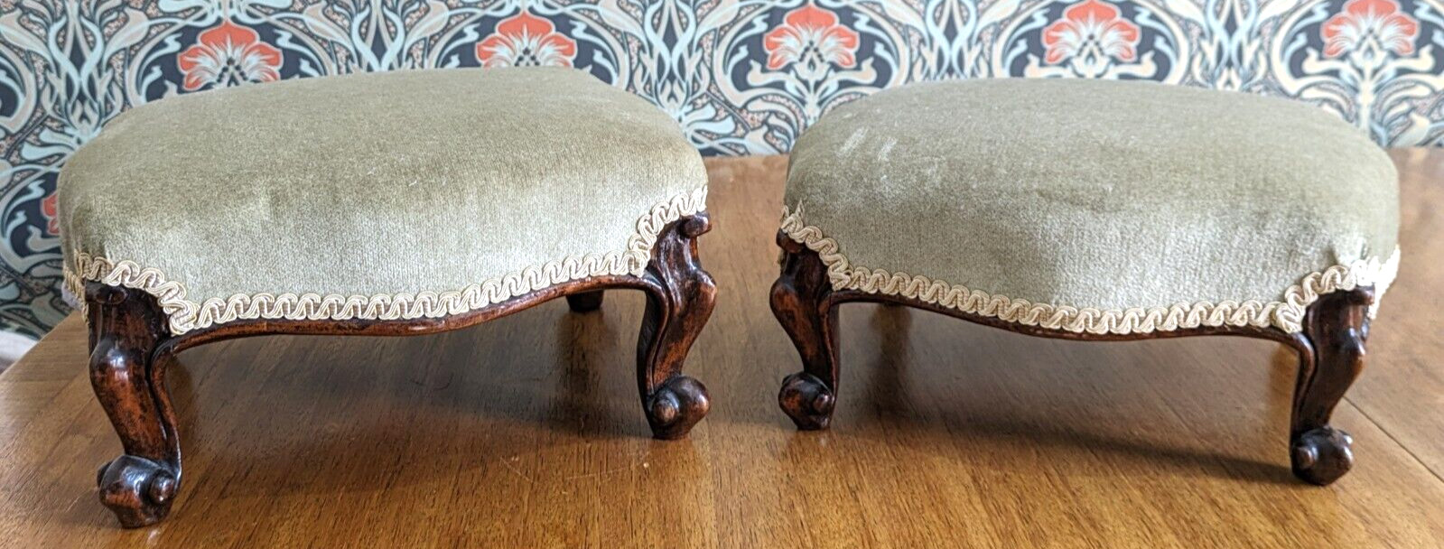 Pair of 19th Century Walnut Wood Cabriole Leg Green Footstools Victorian Antique