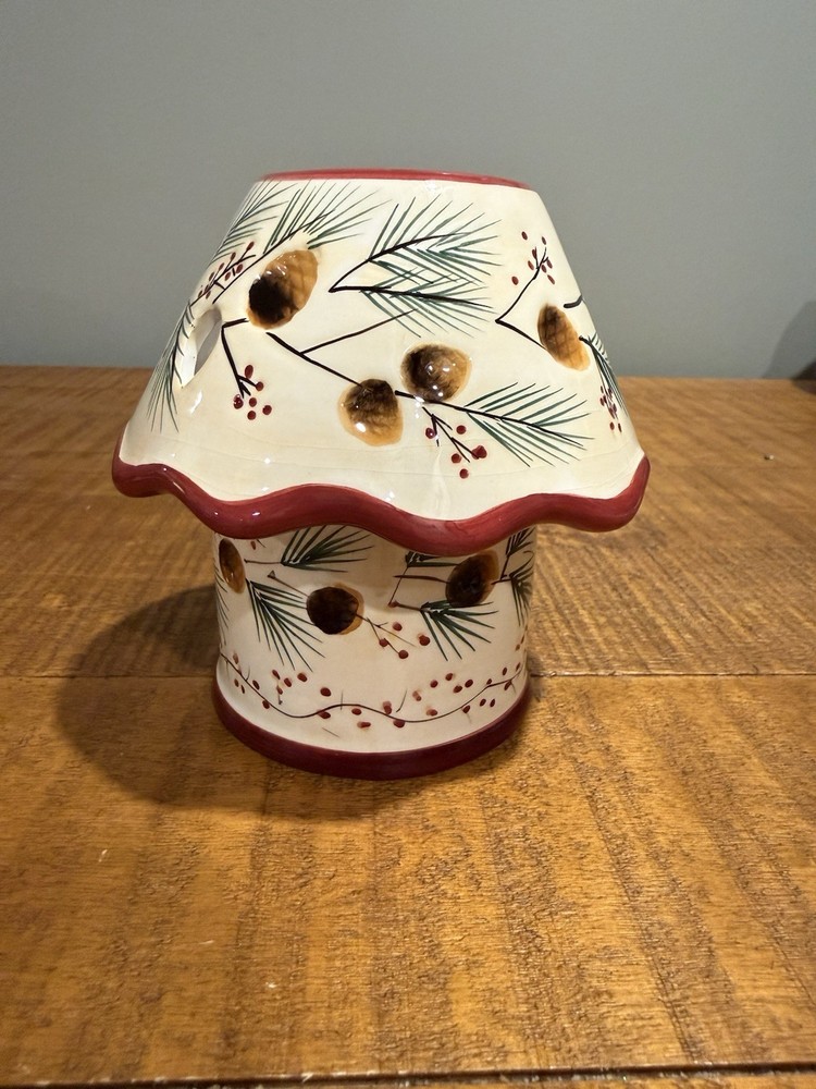Winter Theme Pinecones Berries And Pine Branches Ceramic Candle Holder W Shade