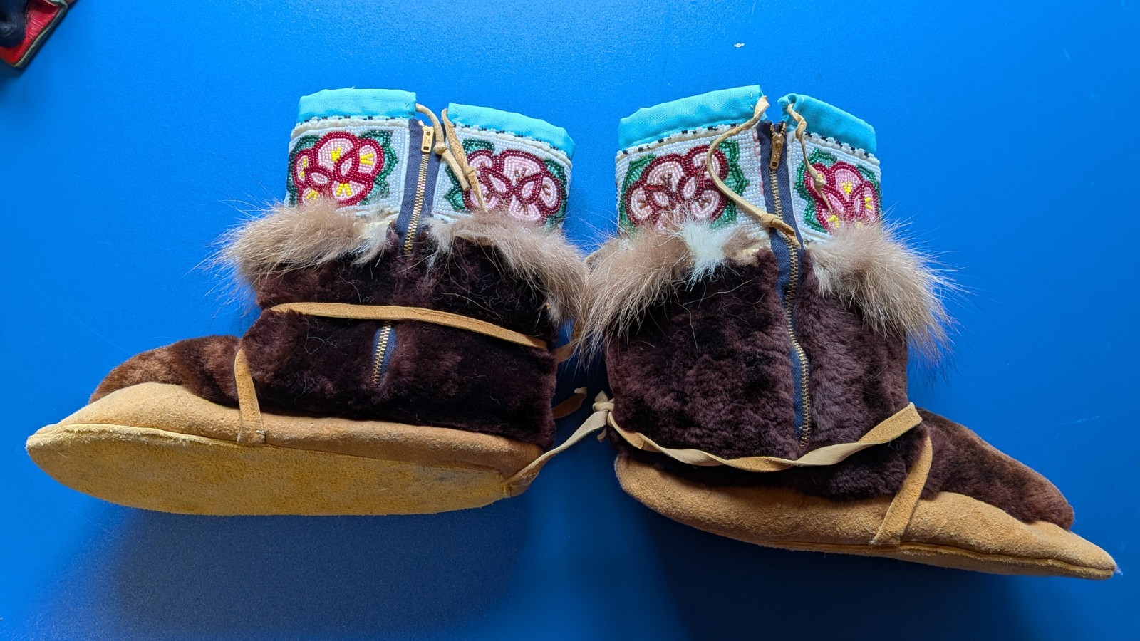 Vintage Authentic Native Alaskan Hand Beaded Mukluks with real Leather and Fur
