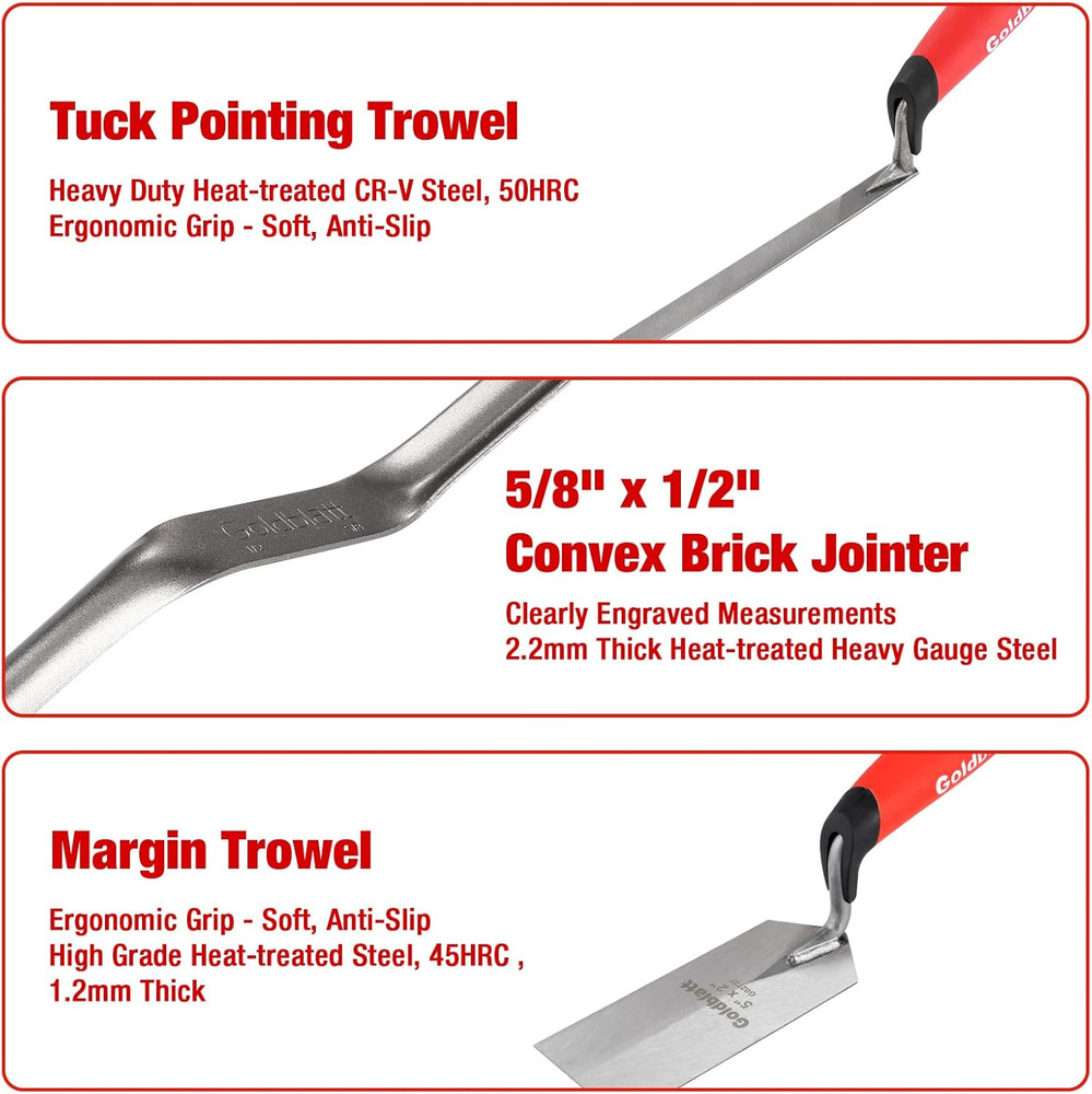 6PCS Masonry Hand Tool Set - Brick, Pointing, Margin, Tuck Pointing, and Jointer