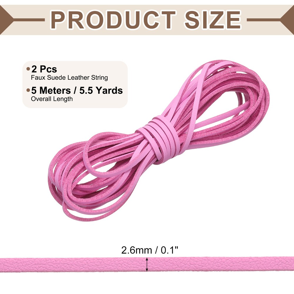 2 Pcs Flat Suede Leather Cord, 5.5 Yards 2.6mm Craft Braid String, Pink