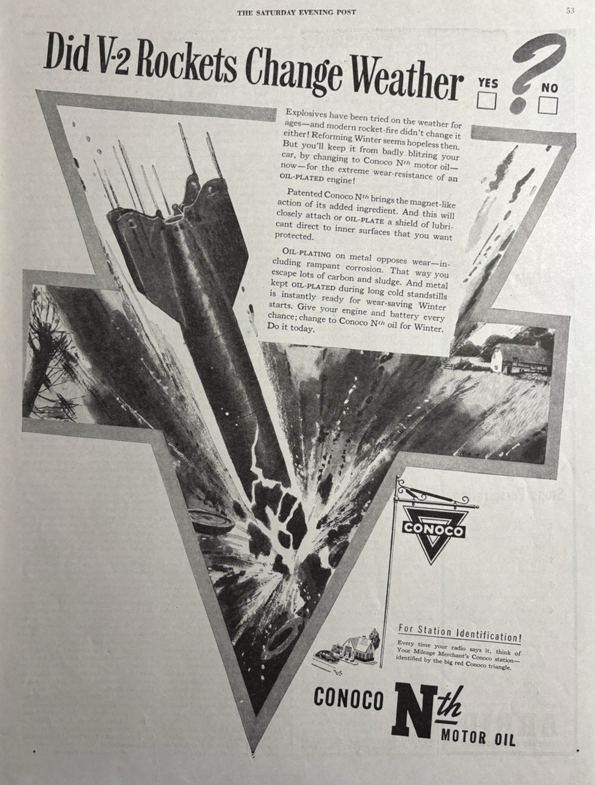 Conoco Motor Oil Nth V-2 Rockets Change Weather WWII Oil Plating VTG Ad 1945