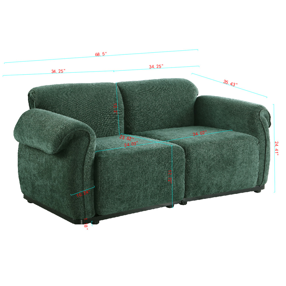 68.5" Green Chenille Sectional Sofa, Iron Frame, Split Back, Square Arms