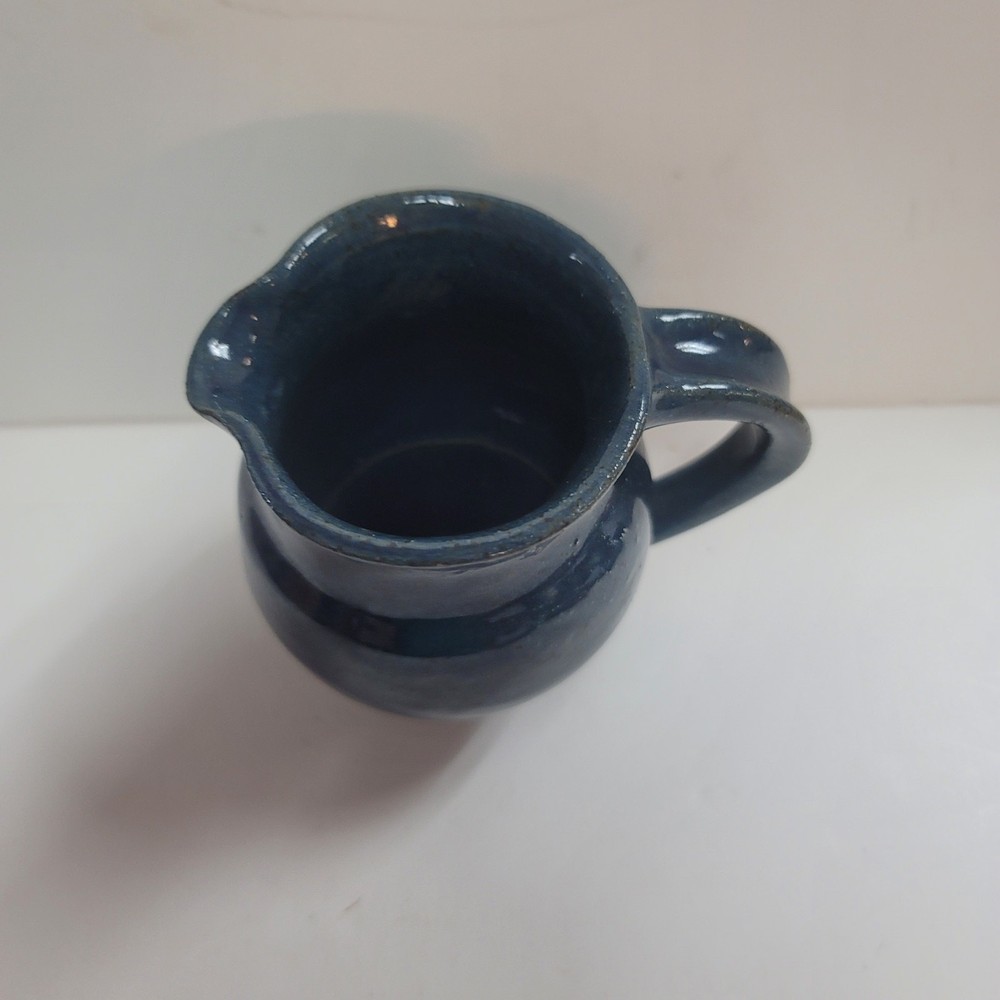 Tiny blue pitcher vase art pottery signed 1990 4" tall with handle