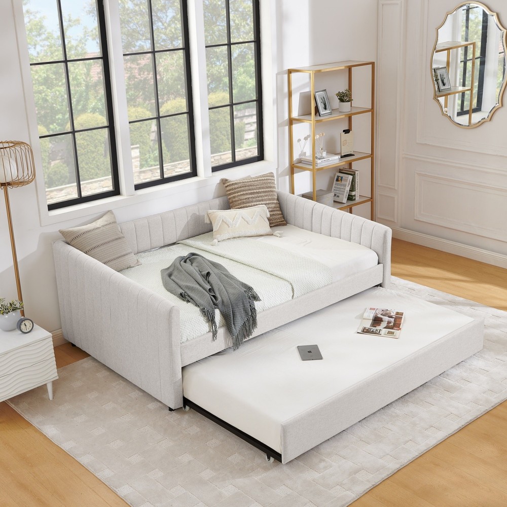 Full Daybed Modern Linen Upholstered Bed Frame Sofa Bed w/ Pull-Out Trundle