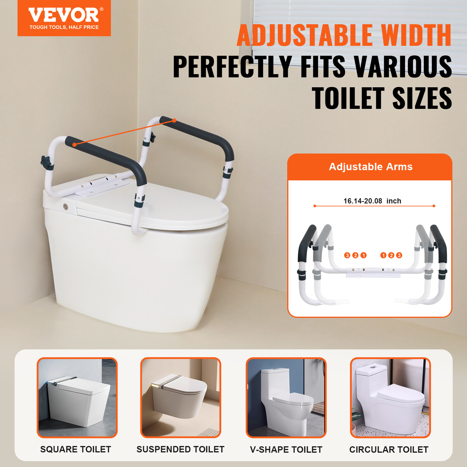 VEVOR Toilet Safety Rail Seat Frame for Elderly Adjustable Handrail Grab Bar