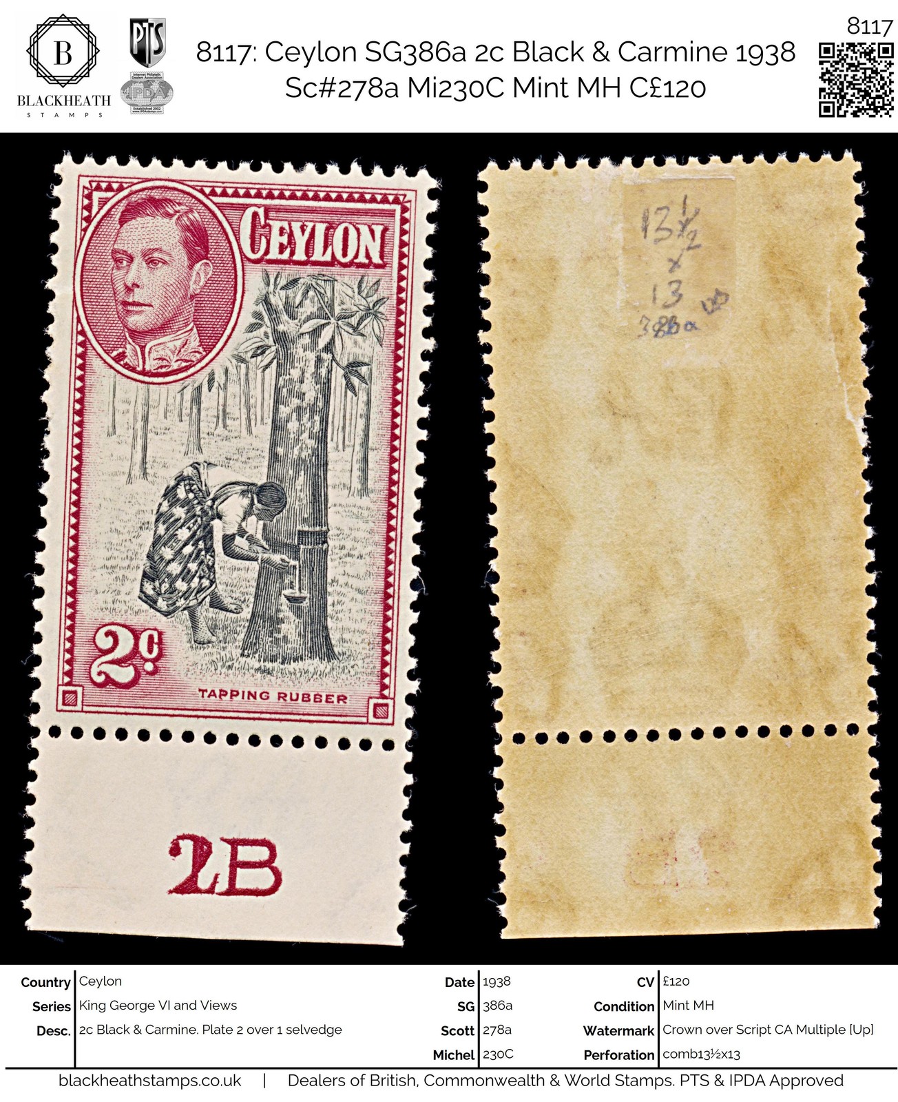 8117: Ceylon SG386a 2c Black & Carmine 1938 Sc#278a Mi230C Mint MH C£120