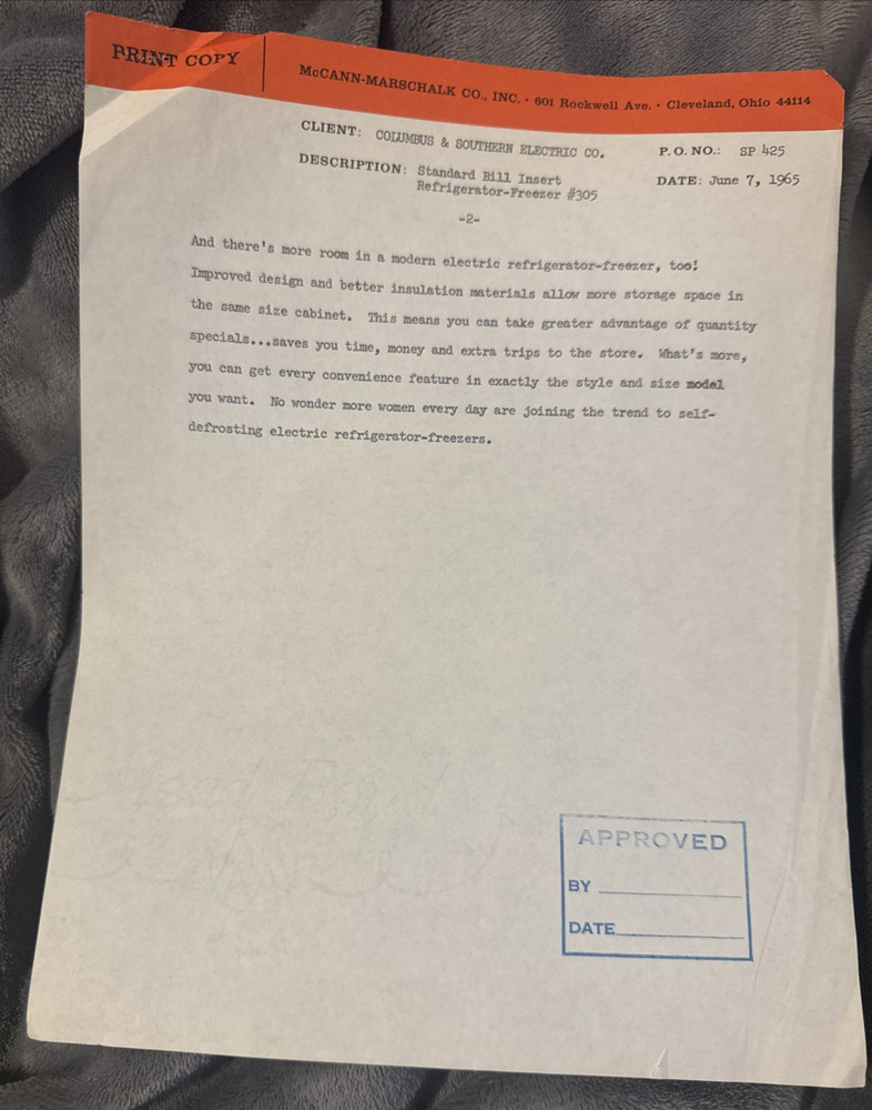 AD COPY TV SCRIPT 1965 McCANN-ERICKSON Ohio Modern SELF-DEFROSTING REFRIGERATOR