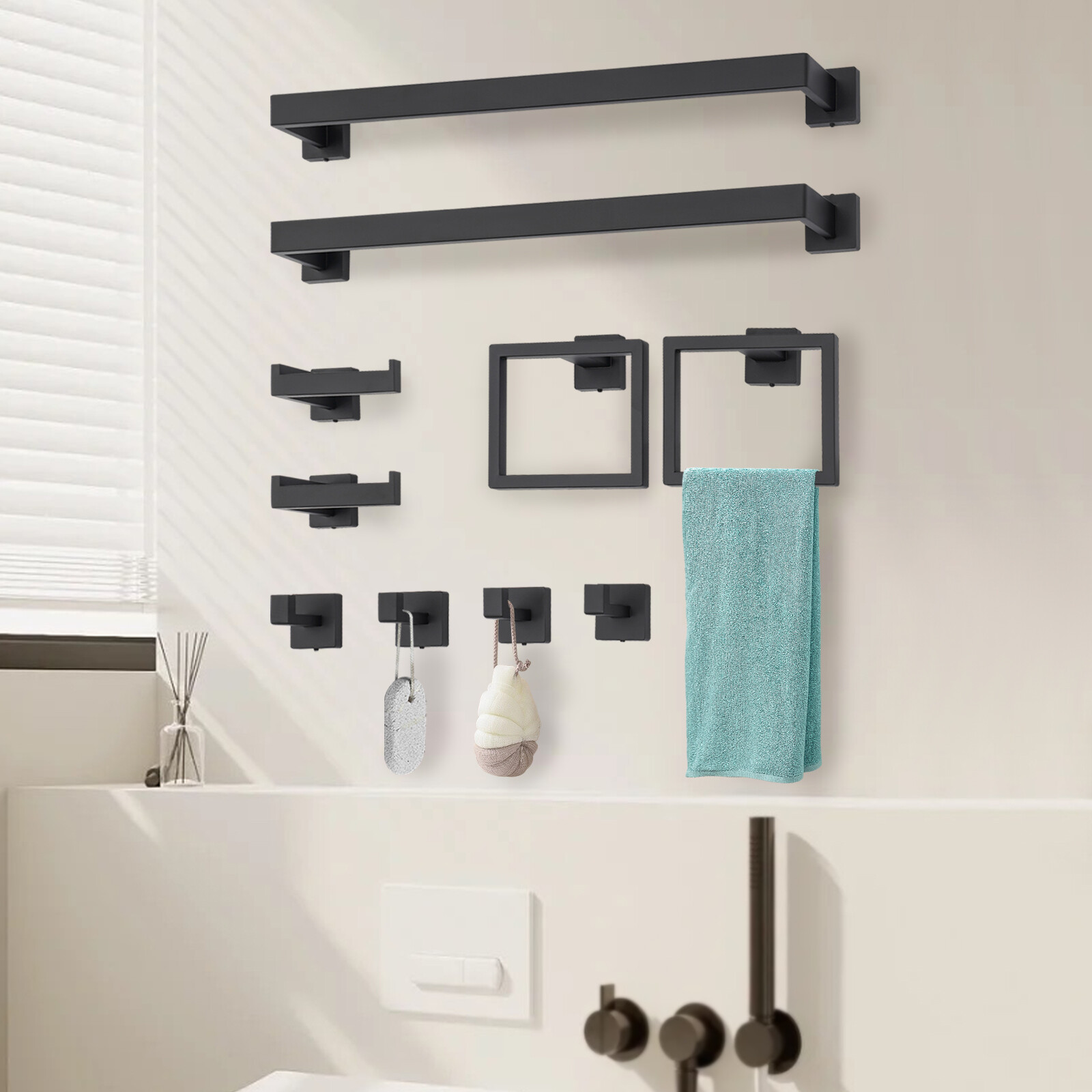 10-Piece Matte Black Bathroom Accessories Set with Towel Bars and Hooks