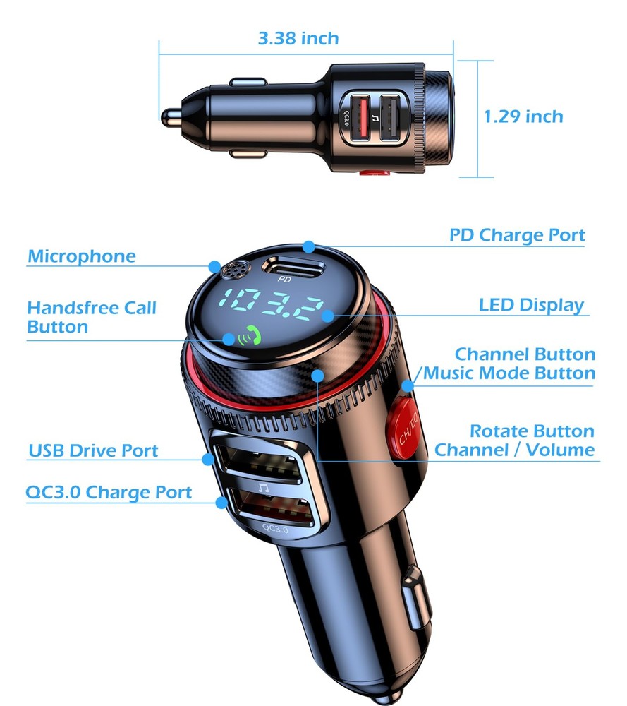 Bluetooth Car Adapter, Wireless AUX FM Transmitter, USB CQC3.0 Dual Fast Char...