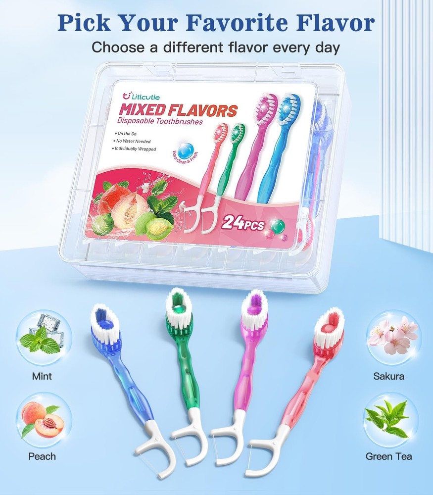 24 Pack 5-in-1 Disposable Toothbrushes with Toothpaste, Floss, and Scraper