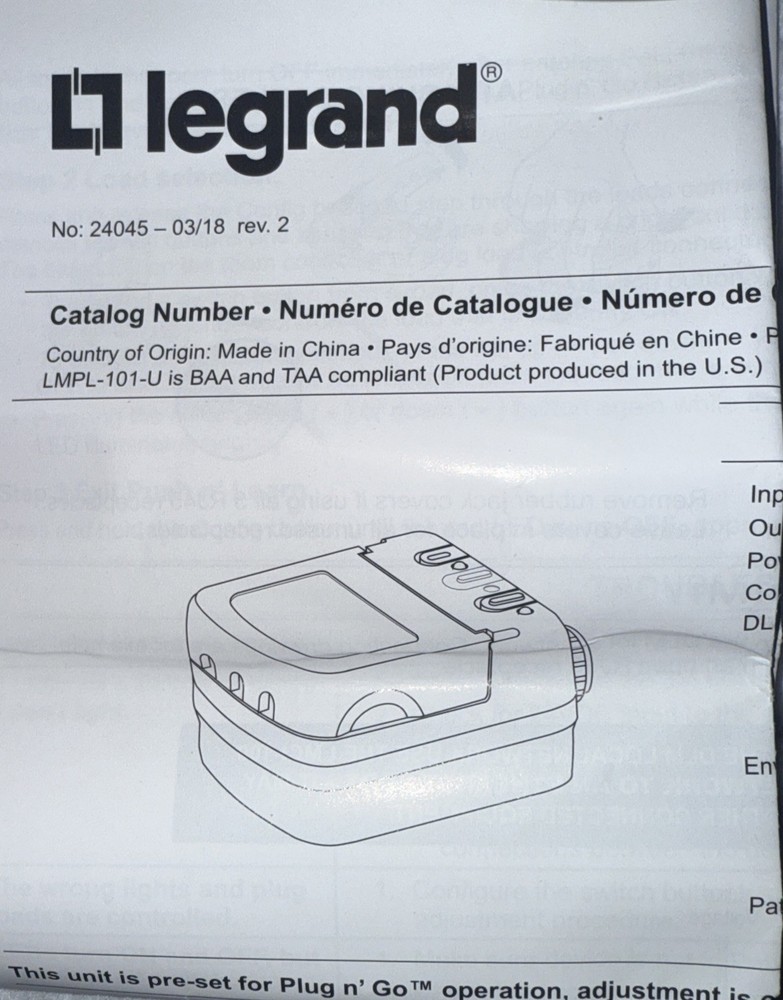 WattStopper Legrand LMPL-101 Digital Plug Load Controller 20A, 120V, 60Hz