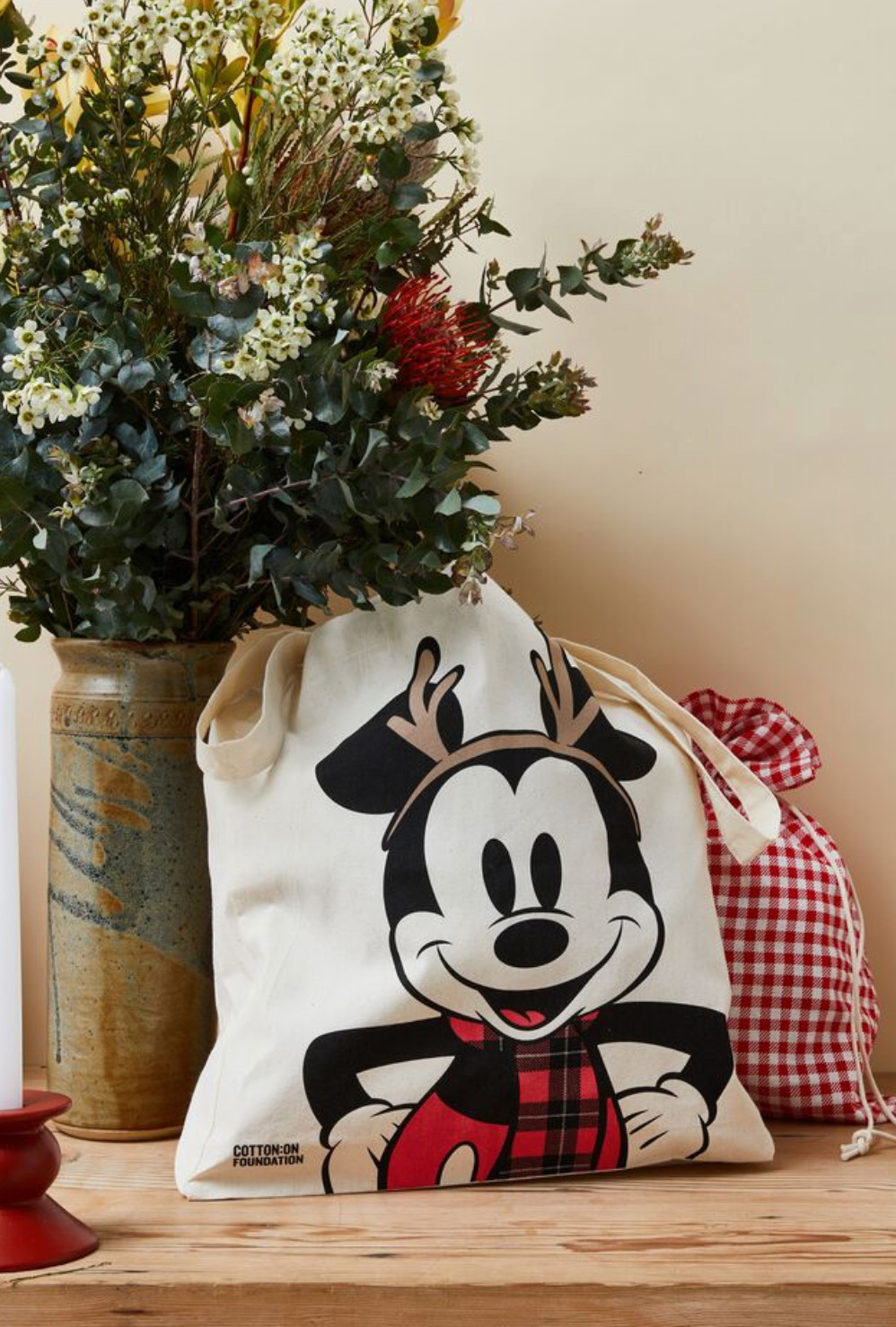 RARE Disney Cotton:On Christmas Mickey Reindeer Tote Bag Reusable Grocery NEW