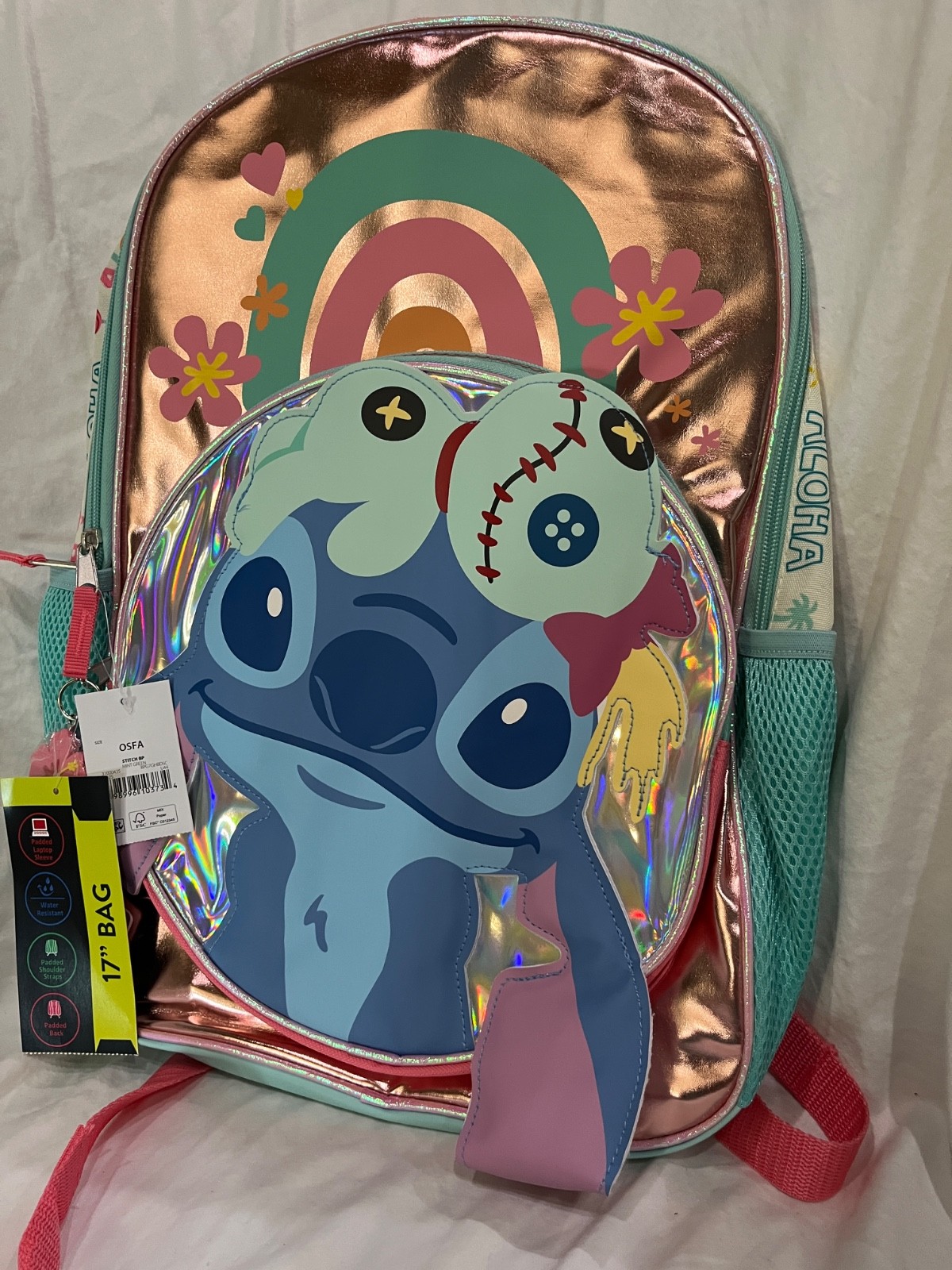Disney Lilo & Stitch Girls' 17" Iridescent Rainbow Scrump Backpack NEW