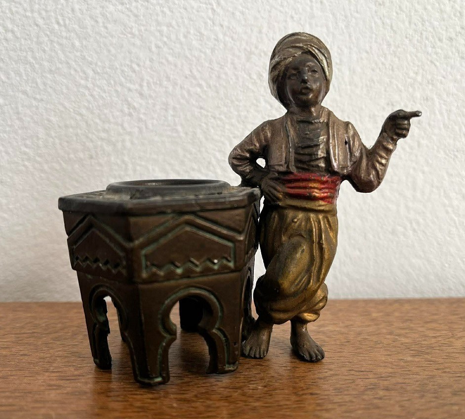 Antique Franz Bergman's School Austrian Cold Painted  Boy with table c1900