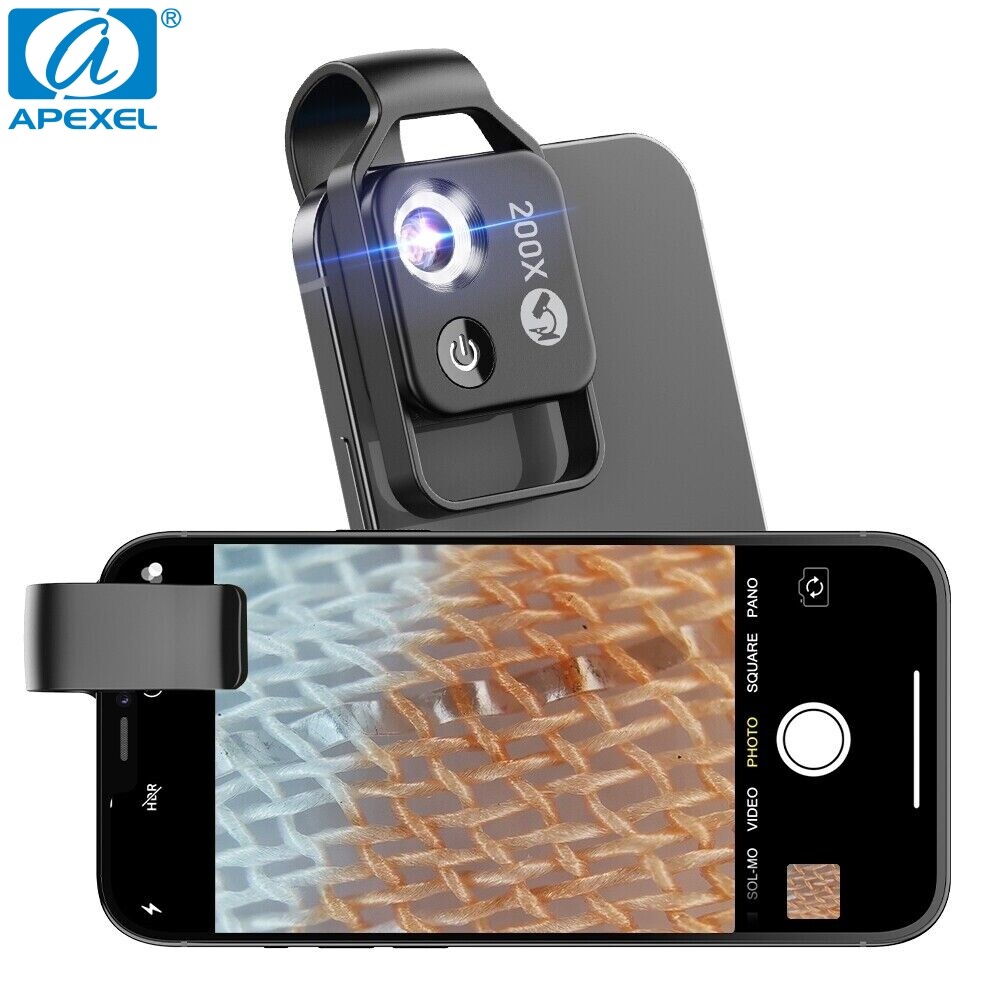 APEXEL HD Digital Mini 200x Magnification Microscope Clip With LED CPL For Phone