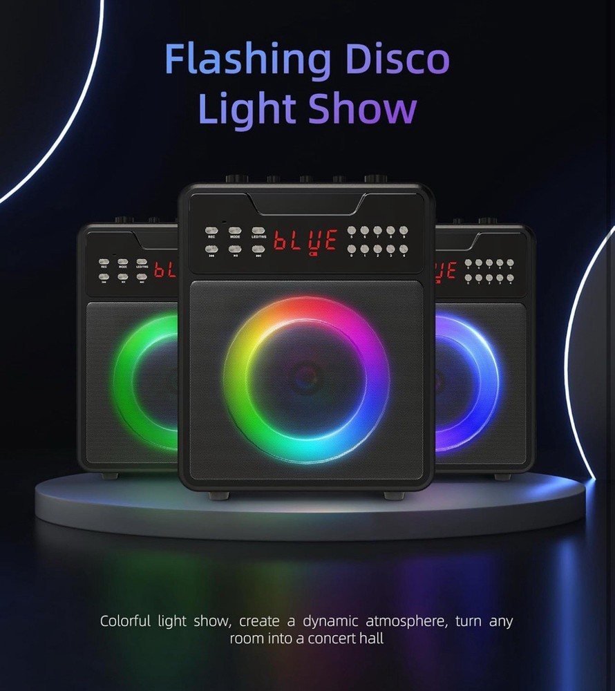 Karaoke Machine, Portable Bluetooth Speaker With 2 Wireless Microphones & Lights