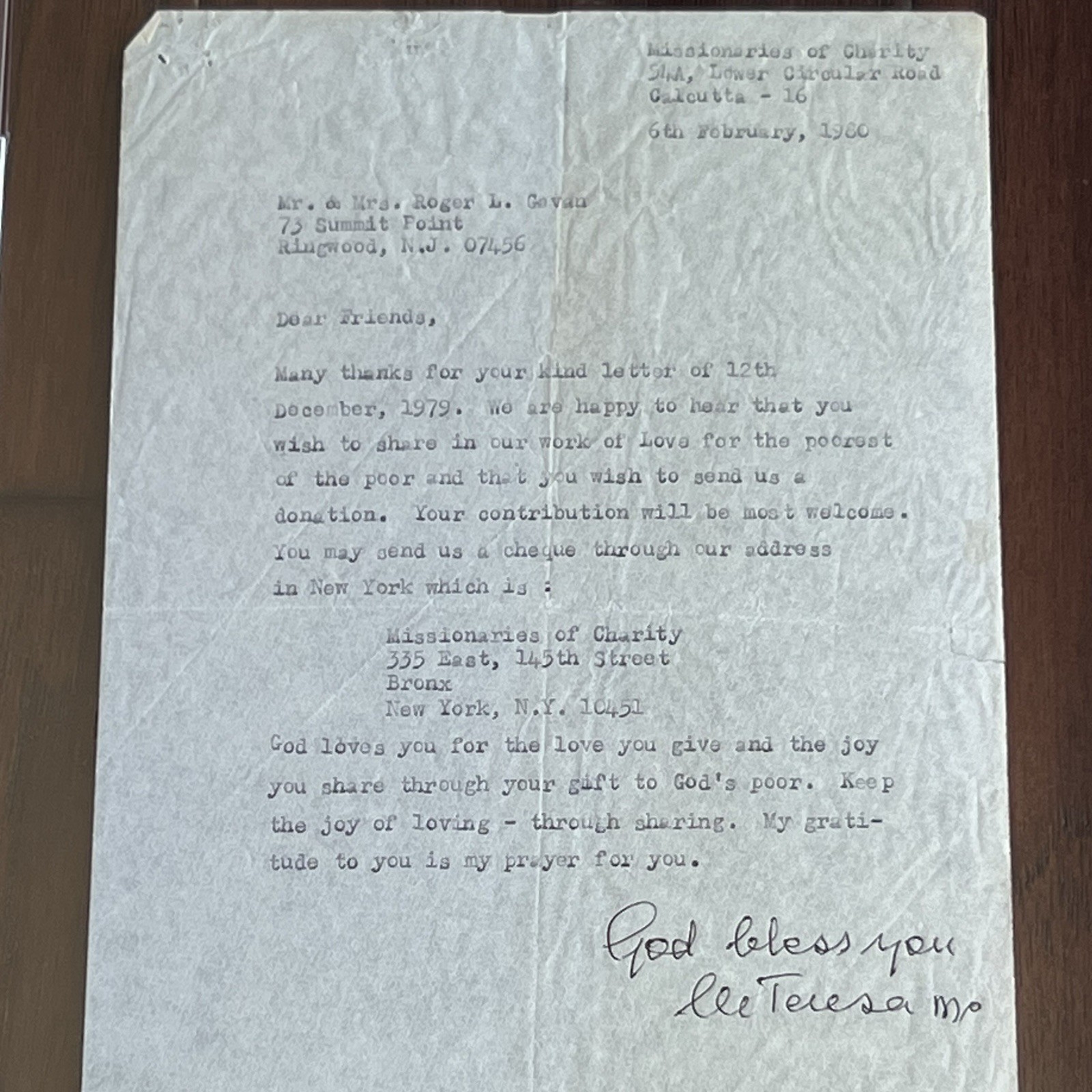 MOTHER TERESA Autograph “Joy of Loving” SIGNED Letter * Catholic SAINT * PSA