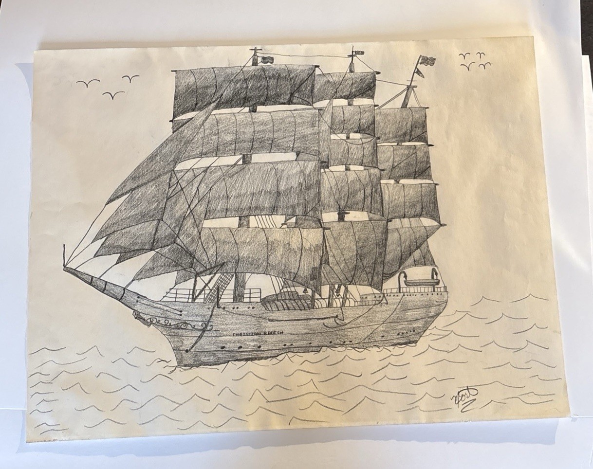 Pencil Drawing Norwegian Full Rigged Tall Sailing Ship Christian Radich Signed