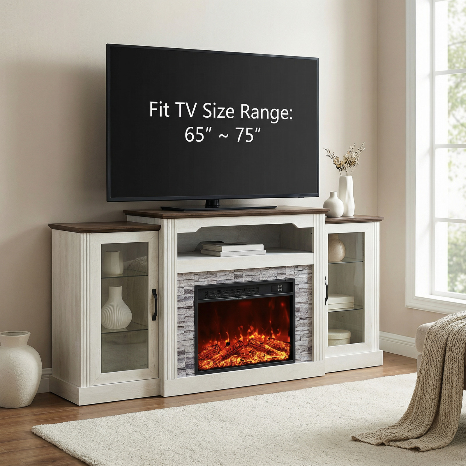 70” White Electric Fireplace TV Stand Glass Door Storage Cabinet for 65–75” TV