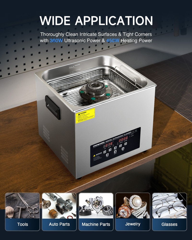 CREWORKS 15L Ultrasonic Cleaner with Control Panel 1-30 min. Timer & Degas Mode