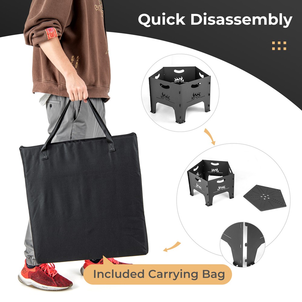 Portable Fire Pit w/Storage Bag Plug-in Design Unique Pentagonal Shape Patio