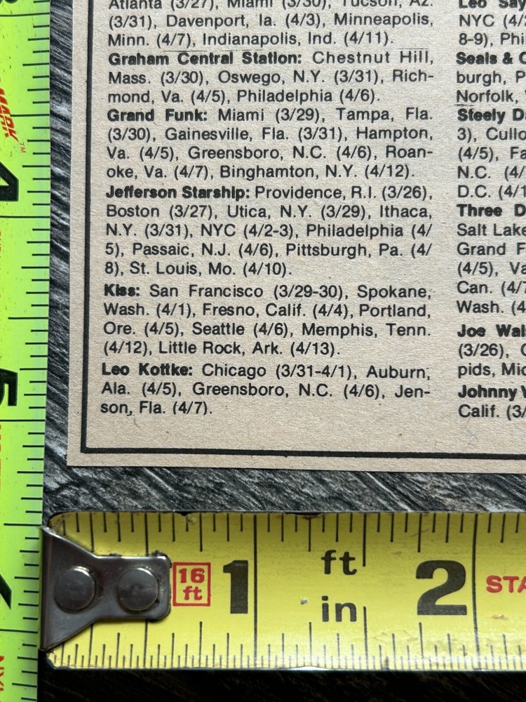 KISS Concert Ad 1st Tour Calendar 1974 Original Show Dates Vintage Kiss Aucoin A