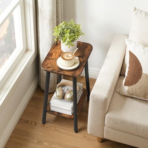 Side Table, Small Rectangular End Table with Storage Shelf, 2-Tier Rustic Brown