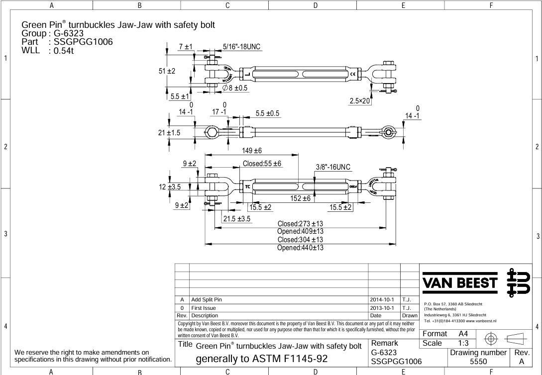 Green Pin 3/8" Turnbuckle Jaw Jaw 6" Take Up 1080lb LL SSGPGG1006 w/ Safety Bolt